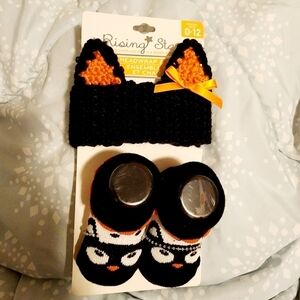NWT Rising Star Black Cat Headwrap Sock Set Halloween Costume 0-12M Baby New